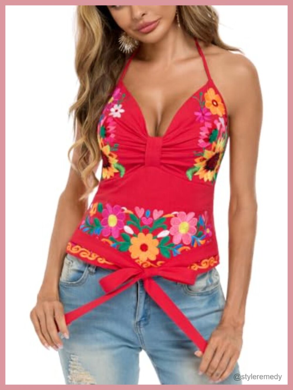 Boho Mexican Embroidered Halter Crop Top Smocked Ruffle Hem Backless